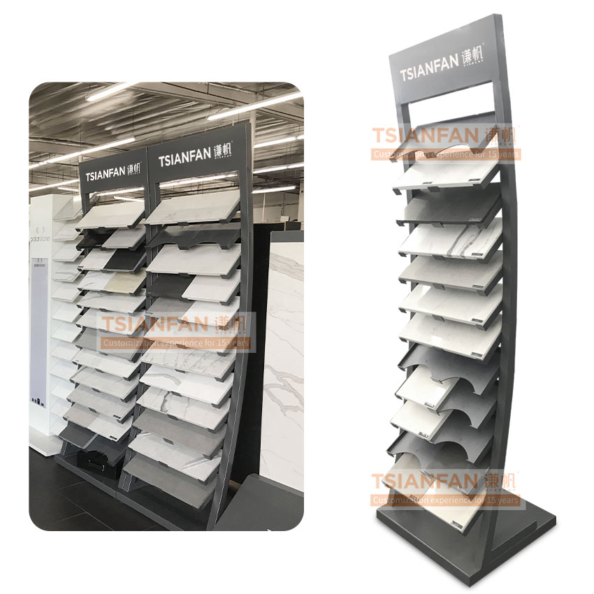 Custom design waterfall arch tile marble quartz stone display stand metal display stand
